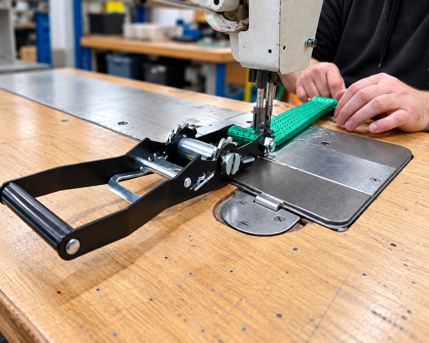 Green webbing being stitched onto a ratchet lashing strap at the Trans-Web factory